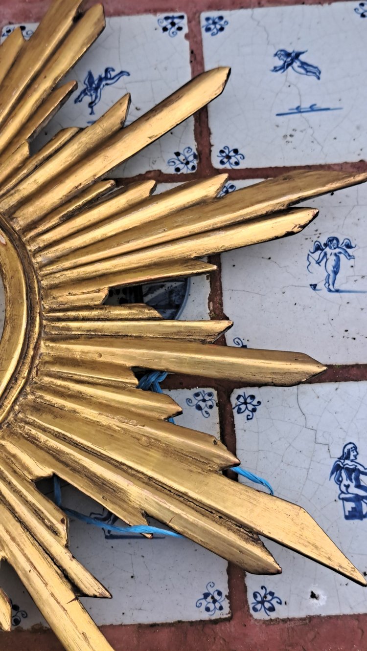 Mid-20th century starry gilded wooden sun mirror