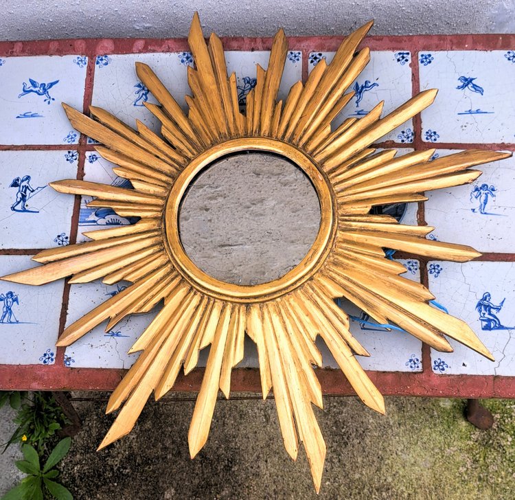 Mid-20th century starry gilded wooden sun mirror