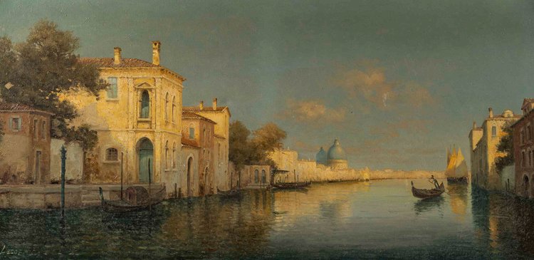 Alphonse Lecoz Un Canale a Venezia e Santa Maria della Salute sullo sfondo olio su tela 18 circa