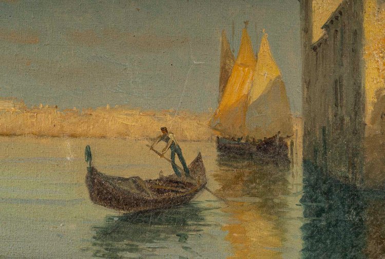 Alphonse Lecoz Un Canale a Venezia e Santa Maria della Salute sullo sfondo olio su tela 18 circa