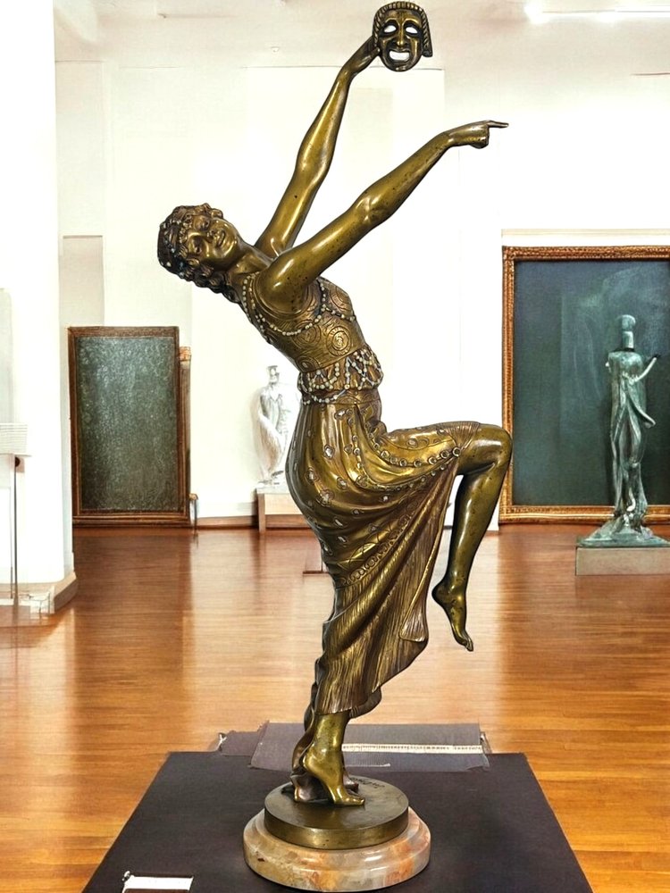 BRONZO POLICROMO SMALTATO ART DECO FIRMATO DA JOE DESCOMPS ALTO 64 CM