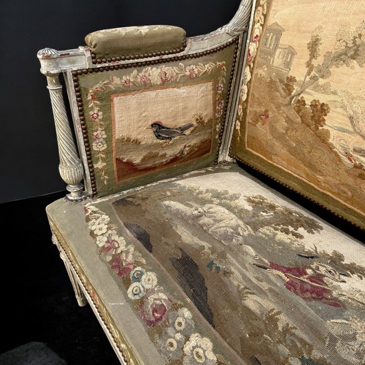 Two-seater sofa - bench in lacquered wood and Louis XVI - Directoire period tapestry