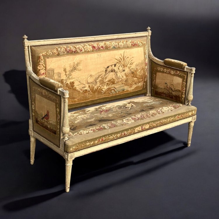 Two-seater sofa - bench in lacquered wood and Louis XVI - Directoire period tapestry