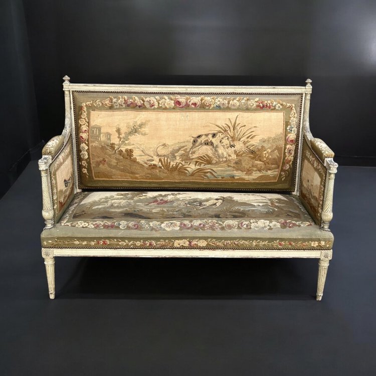 Two-seater sofa - bench in lacquered wood and Louis XVI - Directoire period tapestry