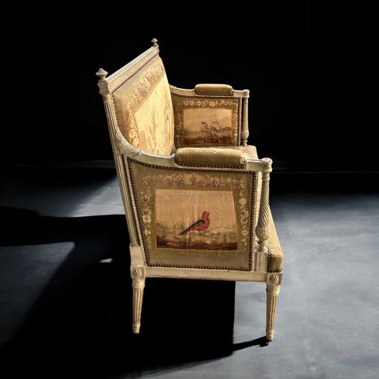 Two-seater sofa - bench in lacquered wood and Louis XVI - Directoire period tapestry