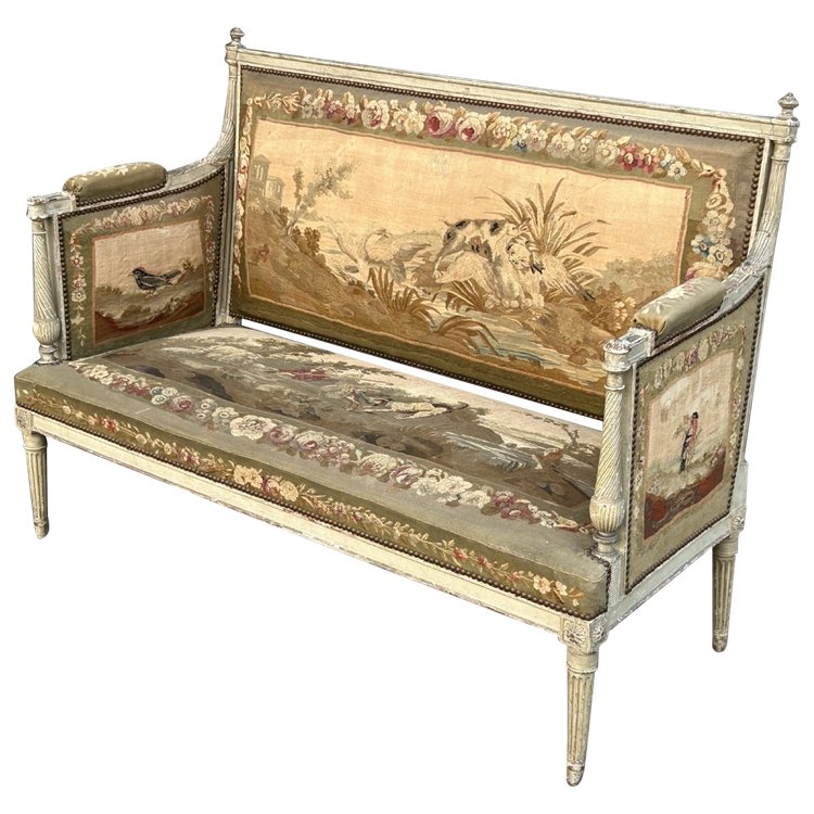 Two-seater sofa - bench in lacquered wood and Louis XVI - Directoire period tapestry