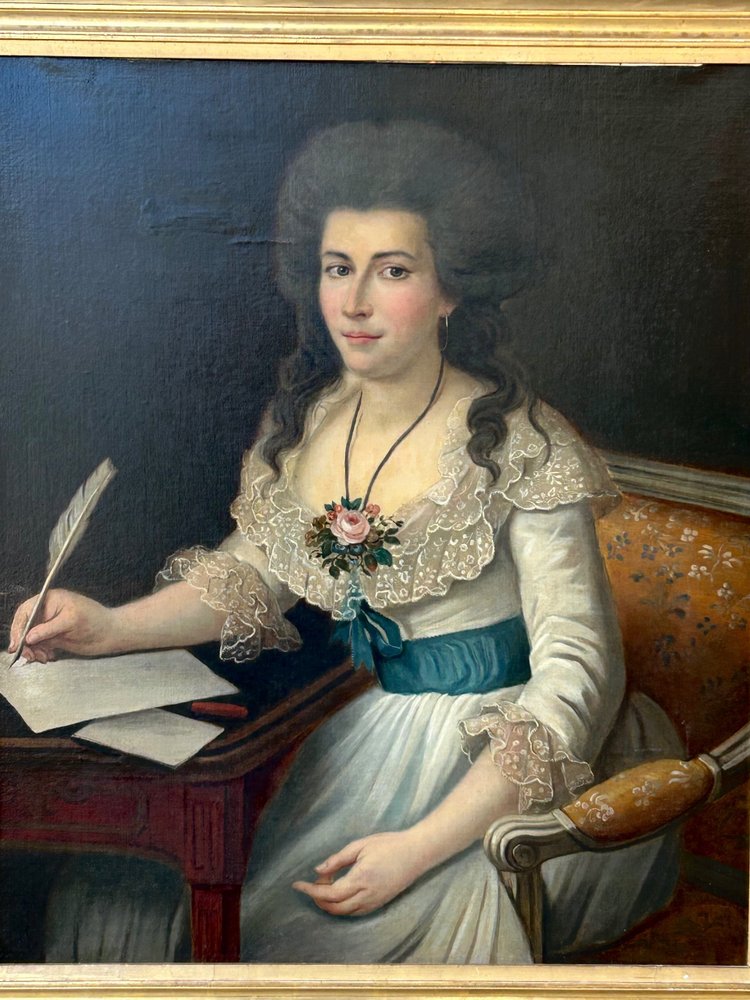 Large Portrait of a Woman Writing Oil on Canvas Late 18th Century