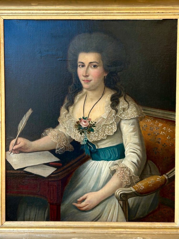 Large Portrait of a Woman Writing Oil on Canvas Late 18th Century