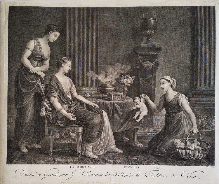 Gravure  Ancienne Par Beauvarlet La Marchande d'Amours 18ème