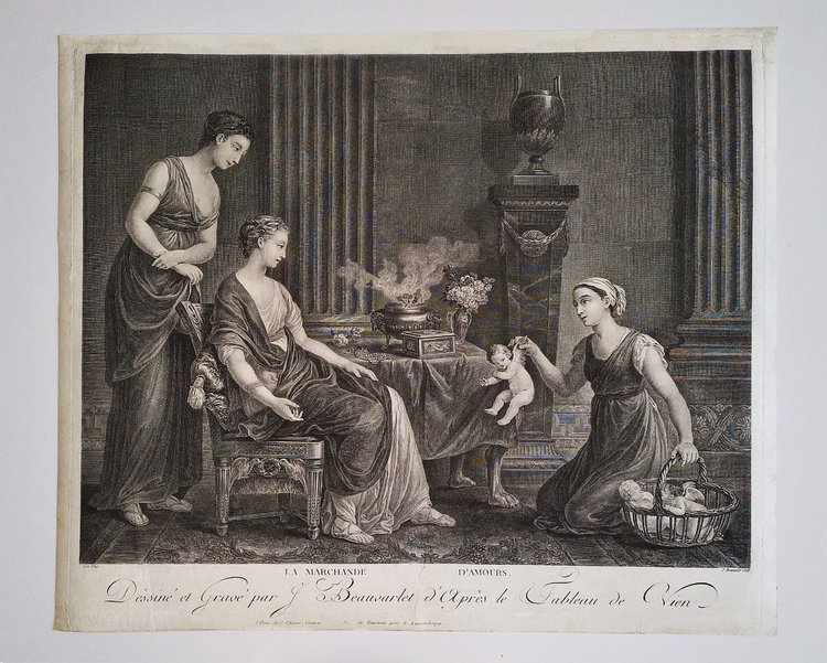 Gravure  Ancienne Par Beauvarlet La Marchande d'Amours 18ème