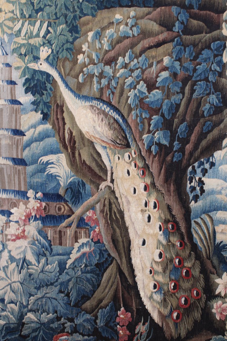 "Aubusson tapestry "Exotic landscape with peacock and pagoda" 18th century."