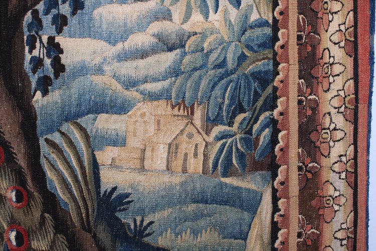 "Aubusson tapestry "Exotic landscape with peacock and pagoda" 18th century."