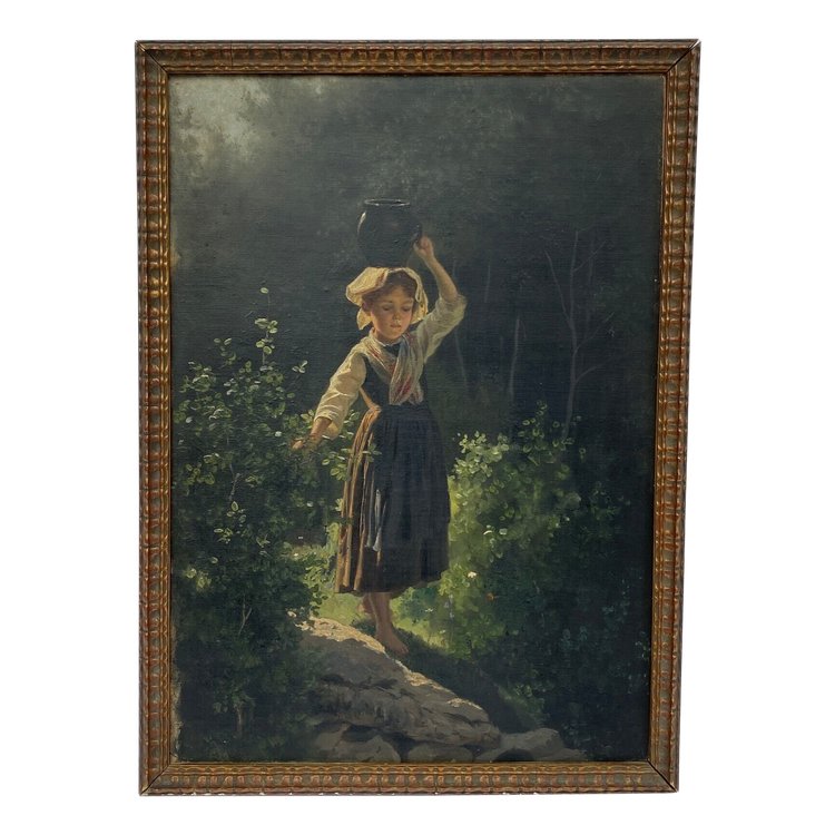 Oil on cardboard young girl with a pitcher late 19th century undergrowth Barbizon