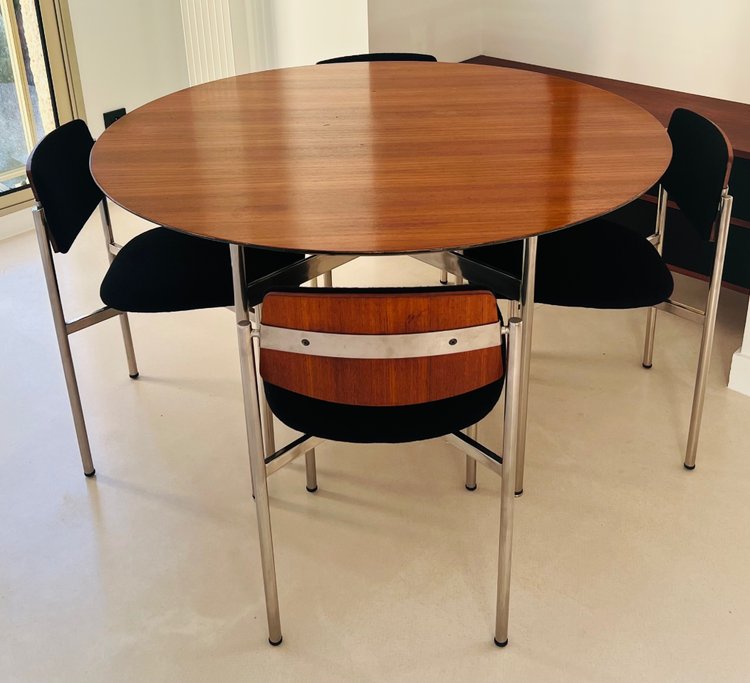 Table et  chaises de salle à manger en bois et métal, Italie années 60