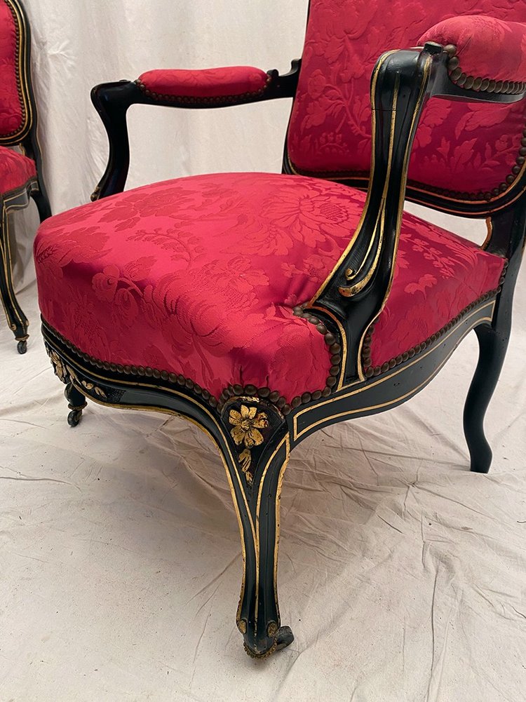 Napoleon III living room section in black lacquered wood with gold trim