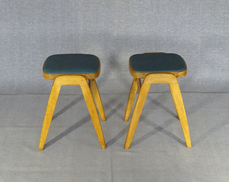 Pair of stackable MID CENTURY stools with compass legs. 1950s design