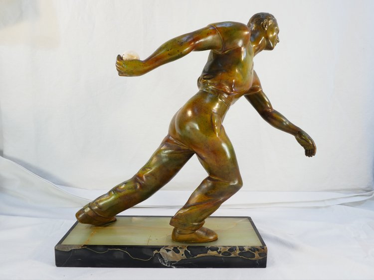 Statue in spelter marble and onyx base The Petanque Player