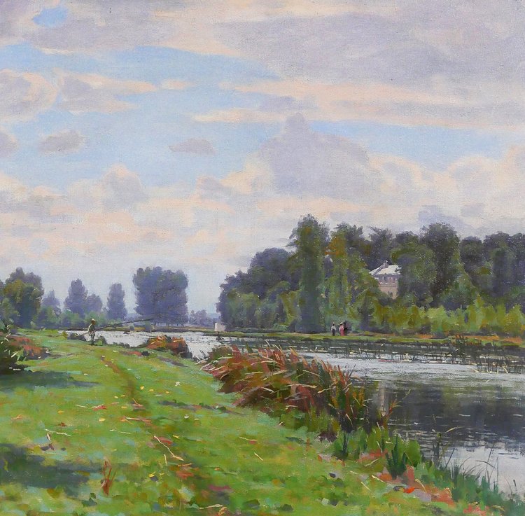 Jules ROUSSET 1840-1921 Borgogna, paesaggio dell'Yonne vicino a Auxerre, dipinto, 1900 circa