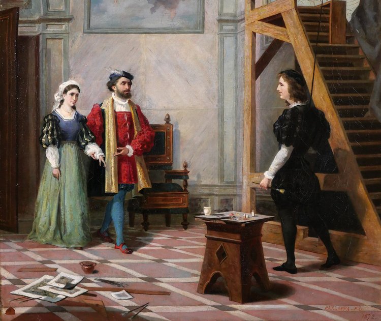 Pio Ludovico BARLAFFA, Il pittore Raffaello e la Fornarina nel suo studio, dipinto, 1872