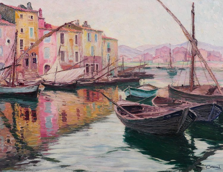 Adolphe COSSARD 1880-1952, Martigues, paesaggio con barche, pittura, 1930 circa