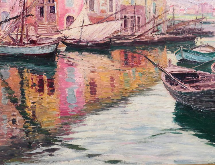 Adolphe COSSARD 1880-1952, Martigues, paesaggio con barche, pittura, 1930 circa