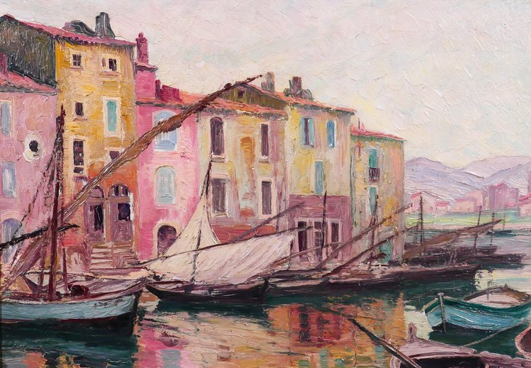 Adolphe COSSARD 1880-1952, Martigues, paesaggio con barche, pittura, 1930 circa