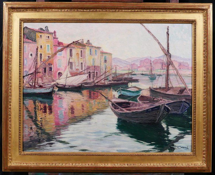 Adolphe COSSARD 1880-1952, Martigues, paesaggio con barche, pittura, 1930 circa