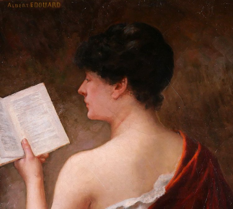 Albert-Jules EDOUARD 1845-1919 Femme de dos lisant un livre, tableau, Art Nouveau, portrait