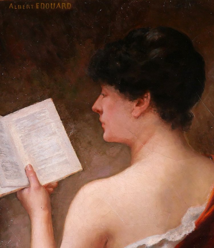 Albert-Jules EDOUARD 1845-1919 Femme de dos lisant un livre, tableau, Art Nouveau, portrait