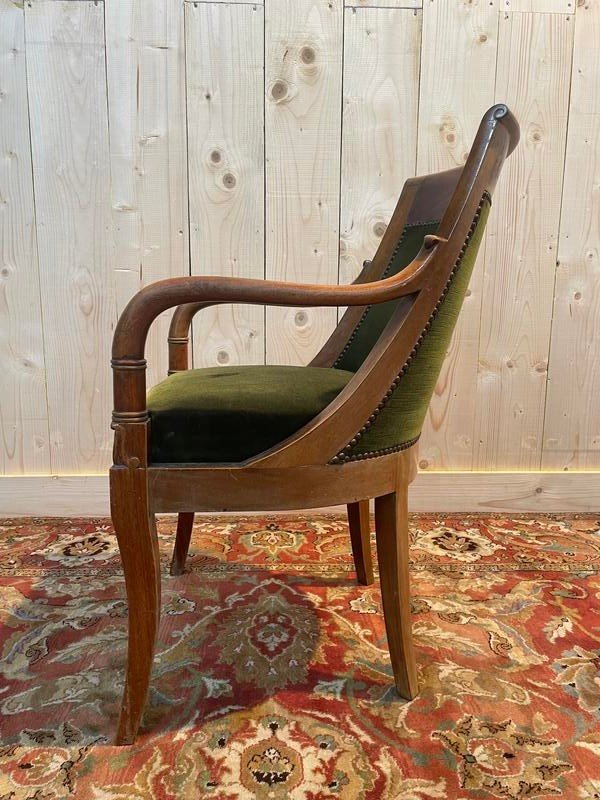 Fauteuil de bureau Restauration / Empire en acajou et velours vert