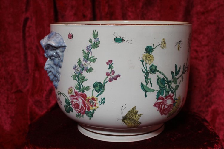 Gien earthenware cachepot with Marseille decoration with flowers and insects, 19th century