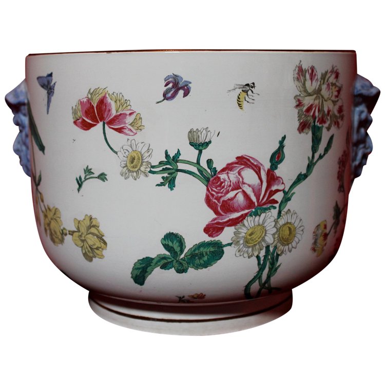 Gien earthenware cachepot with Marseille decoration with flowers and insects, 19th century