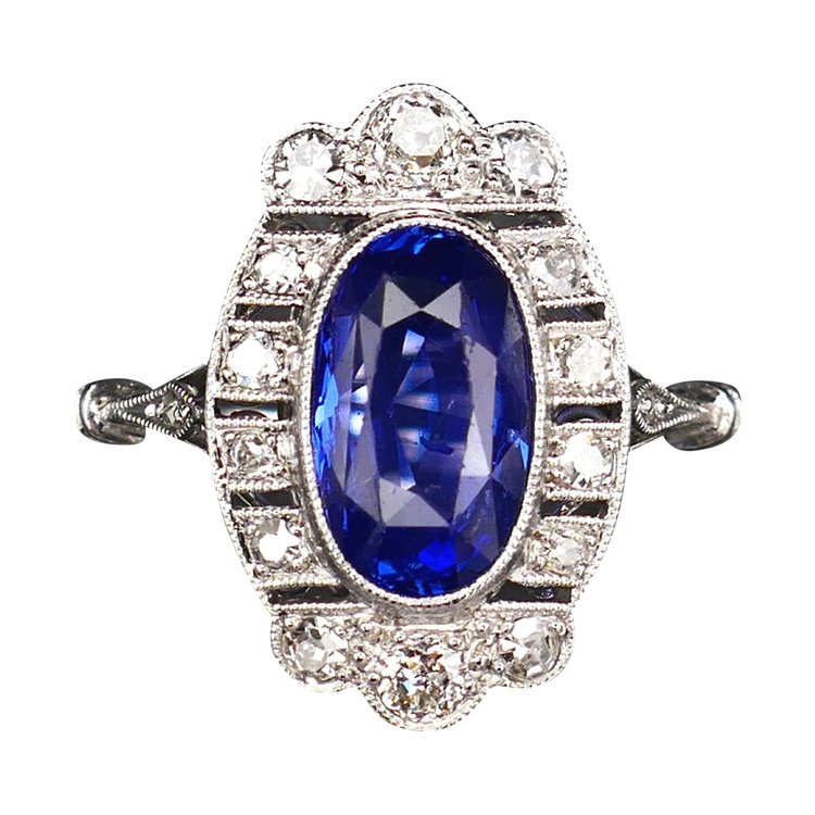 Art Deco Ring Natural Unheated Sapphire and Diamonds, Certificate.