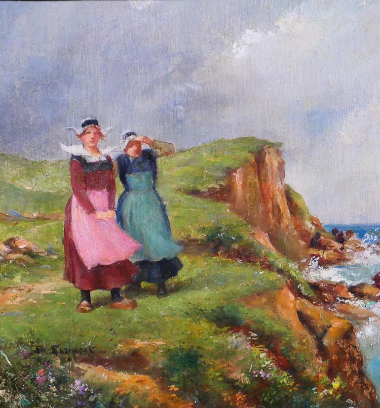 Emile ELZINGRE 1859-1933 Bretagna, donne in riva al mare, pittura, 1910-20 circa