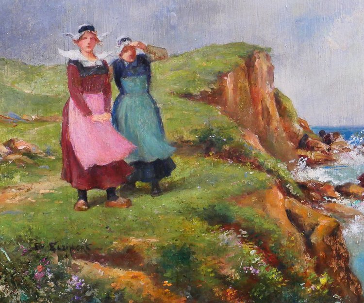 Emile ELZINGRE 1859-1933 Bretagna, donne in riva al mare, pittura, 1910-20 circa