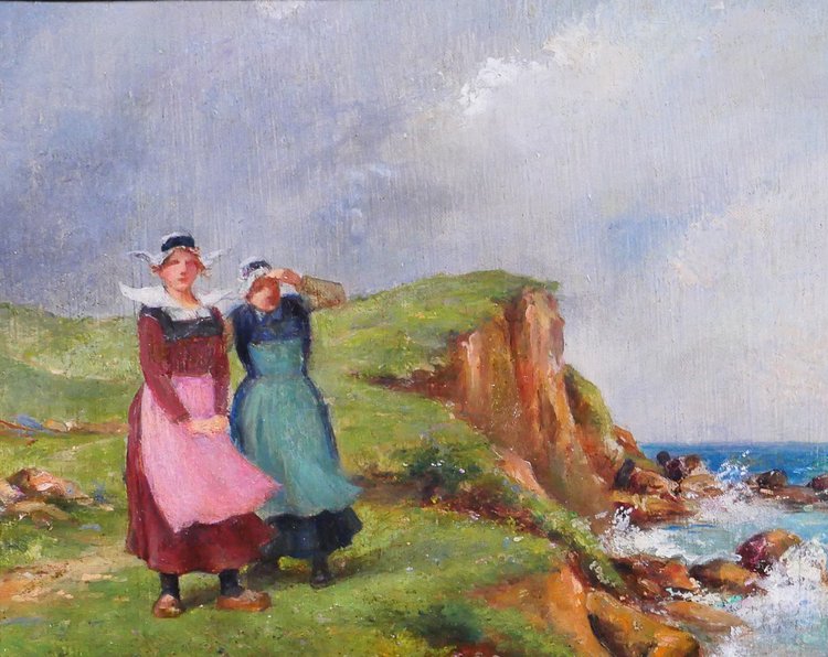 Emile ELZINGRE 1859-1933 Bretagna, donne in riva al mare, pittura, 1910-20 circa