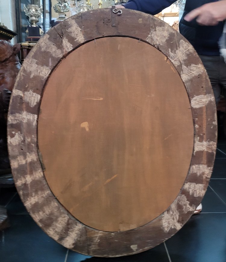 Large Oval Mirror in Carved and Gilded Oak, Louis XVI Period, 18th Century