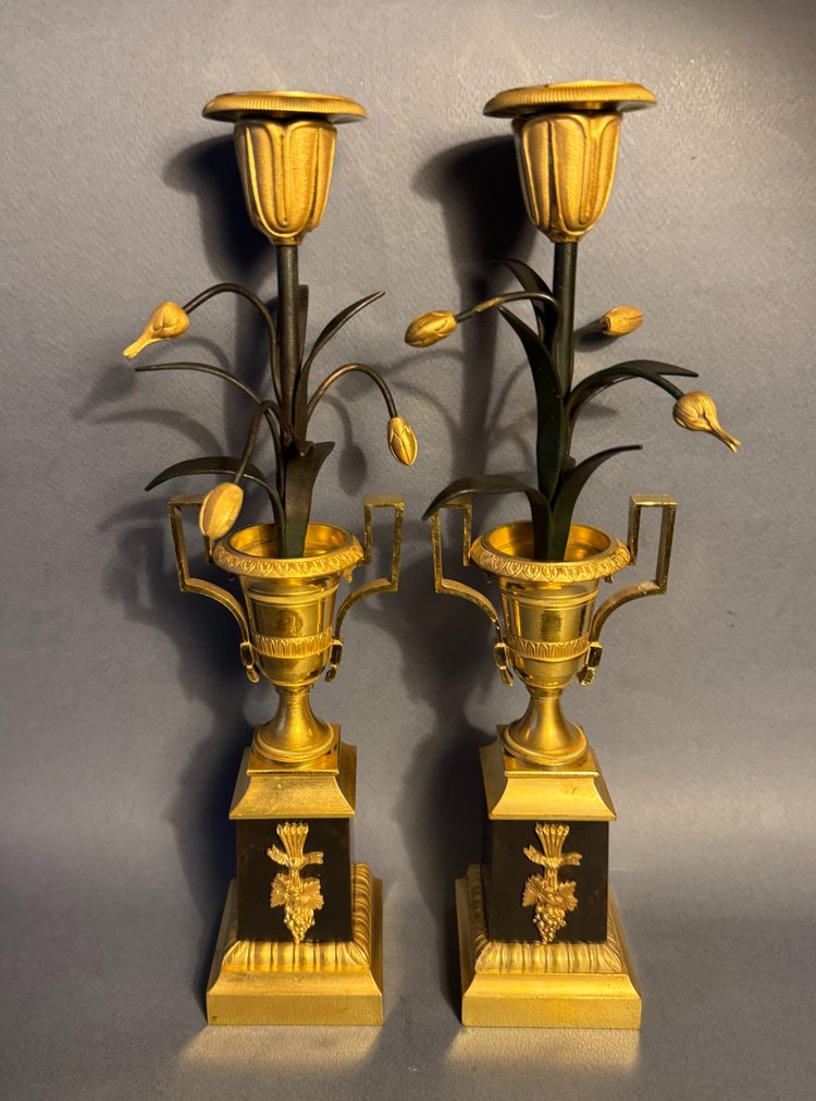 Pair of Empire candlesticks "Medici vases with bouquets of tulips" bronze candlesticks