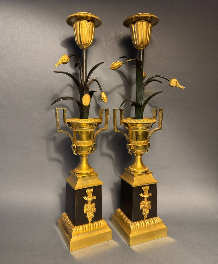 Pair of Empire candlesticks "Medici vases with bouquets of tulips" bronze candlesticks