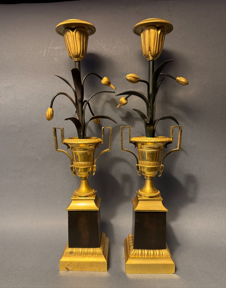 Pair of Empire candlesticks "Medici vases with bouquets of tulips" bronze candlesticks