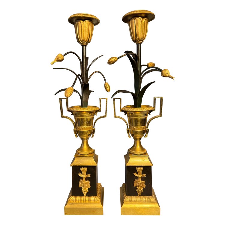 Pair of Empire candlesticks "Medici vases with bouquets of tulips" bronze candlesticks