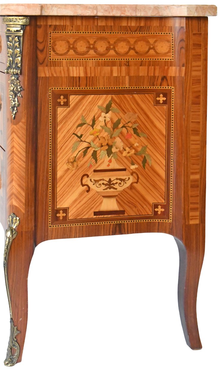 Transition style chest of drawers in marquetry with trophy decoration of musical instruments