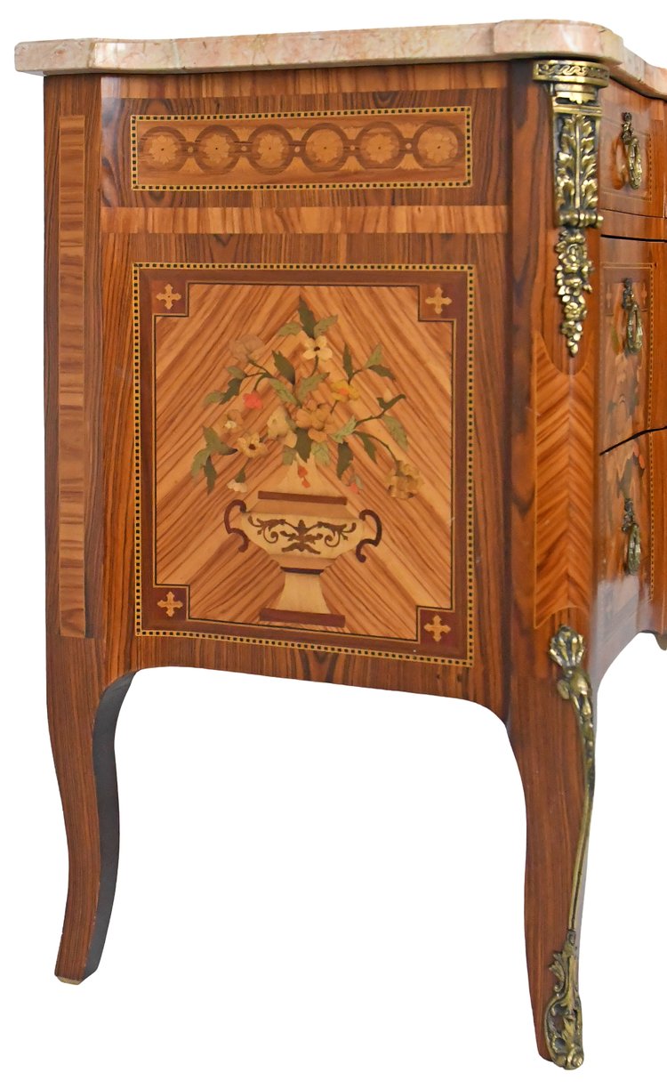 Transition style chest of drawers in marquetry with trophy decoration of musical instruments