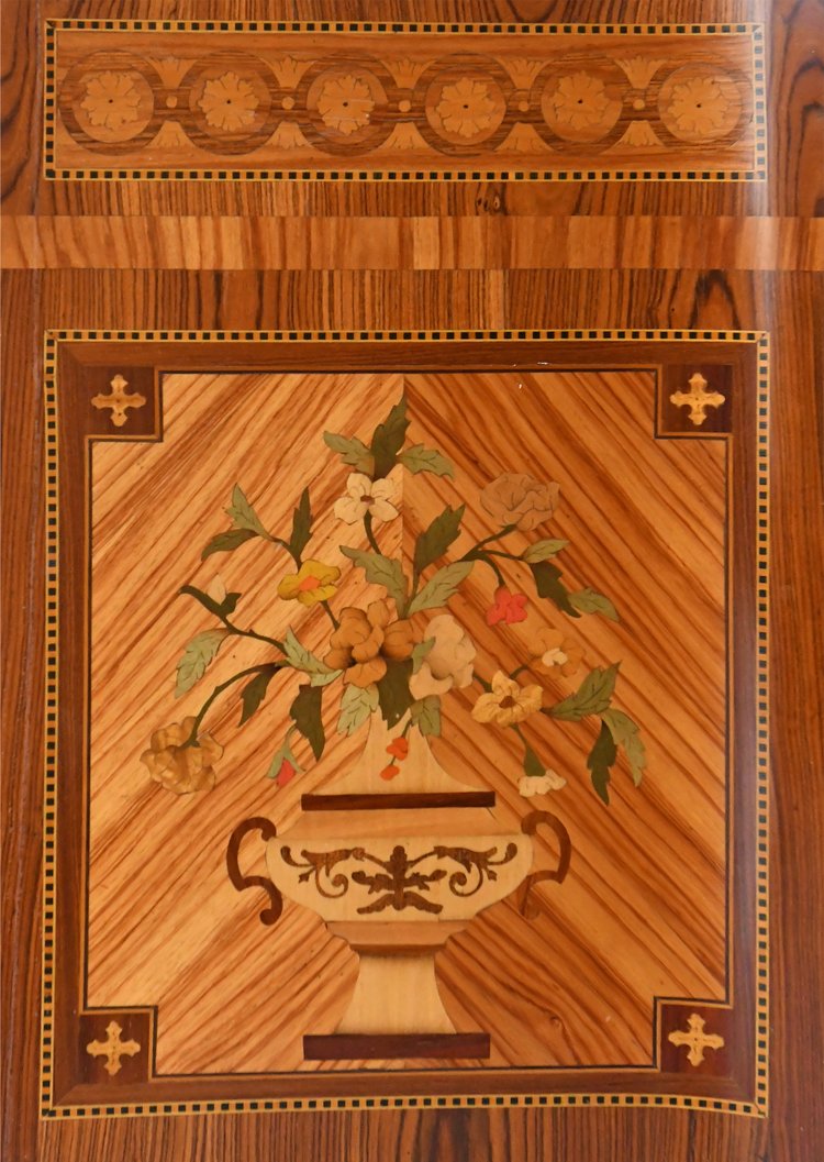 Transition style chest of drawers in marquetry with trophy decoration of musical instruments