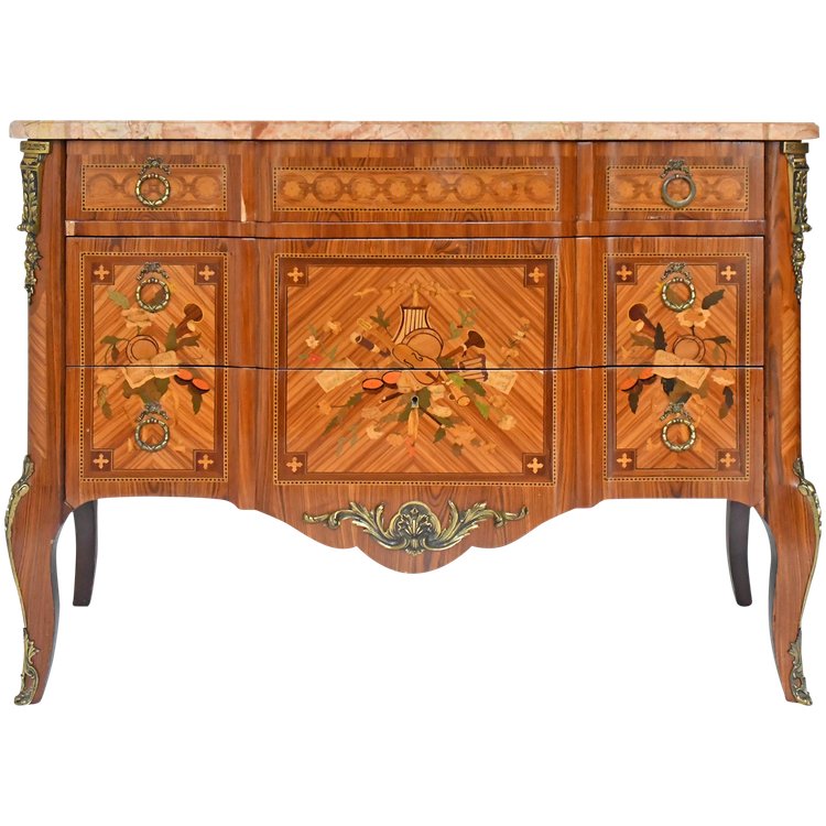 Transition style chest of drawers in marquetry with trophy decoration of musical instruments