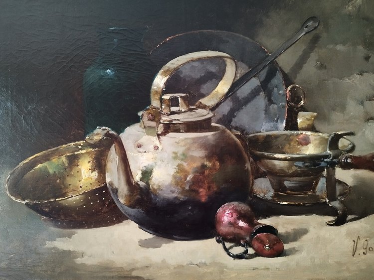 Victor Gallois Oil Painting  Still Life With Copper 19th Century