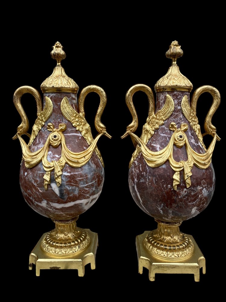 Pair of Louis XVI style cassolettes, Napoleon III period, in marble and gilded bronze