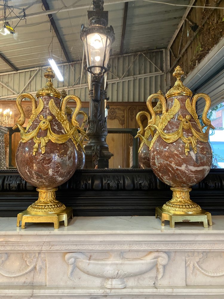 Pair of Louis XVI style cassolettes, Napoleon III period, in marble and gilded bronze