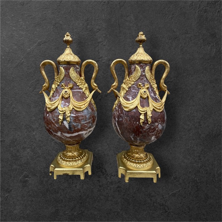 Pair of Louis XVI style cassolettes, Napoleon III period, in marble and gilded bronze