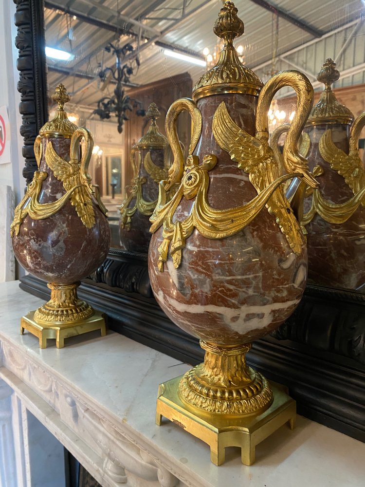 Pair of Louis XVI style cassolettes, Napoleon III period, in marble and gilded bronze